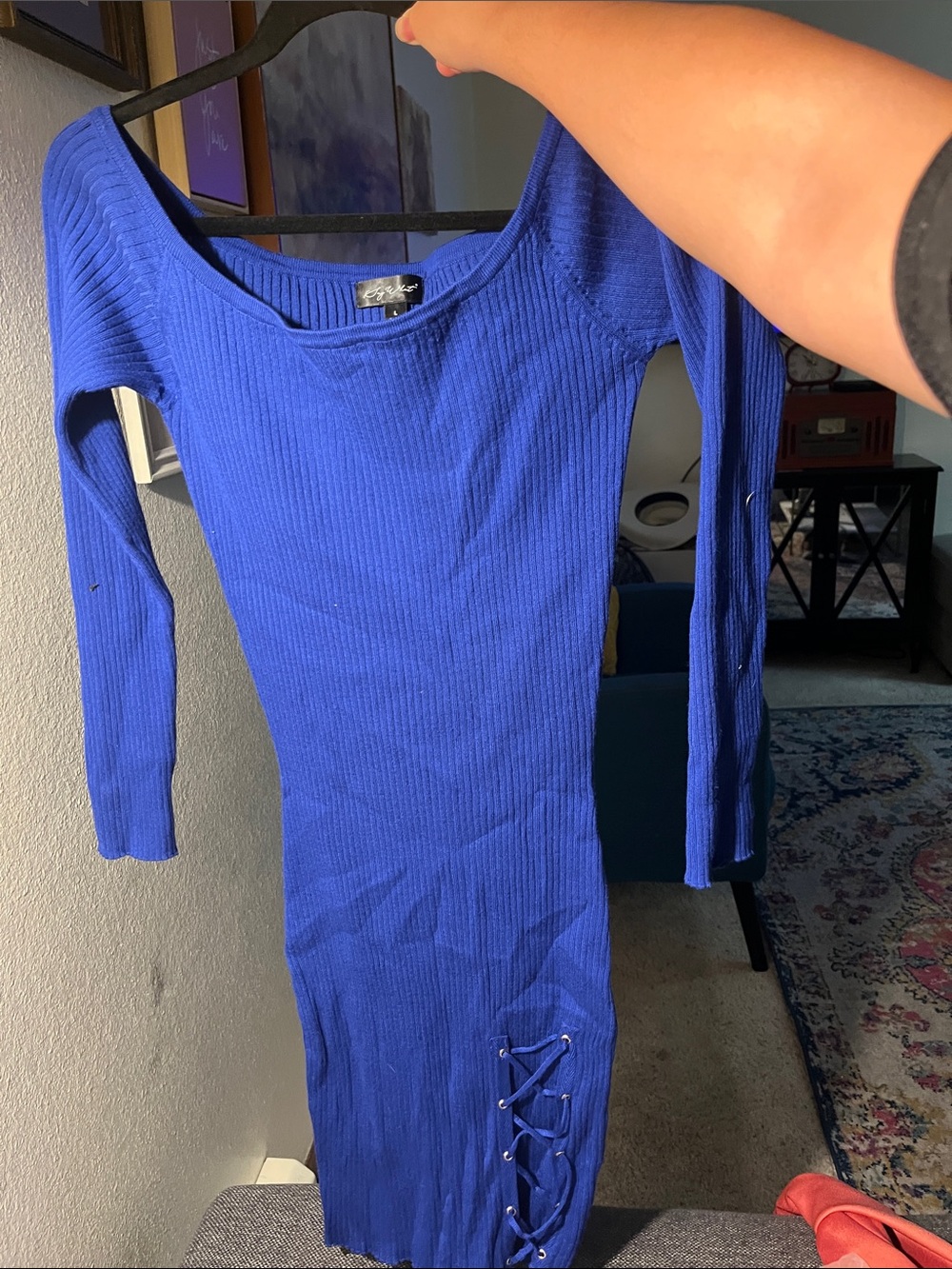 Royal Blue Ribbed Lace-Up Long Sleeve Dress